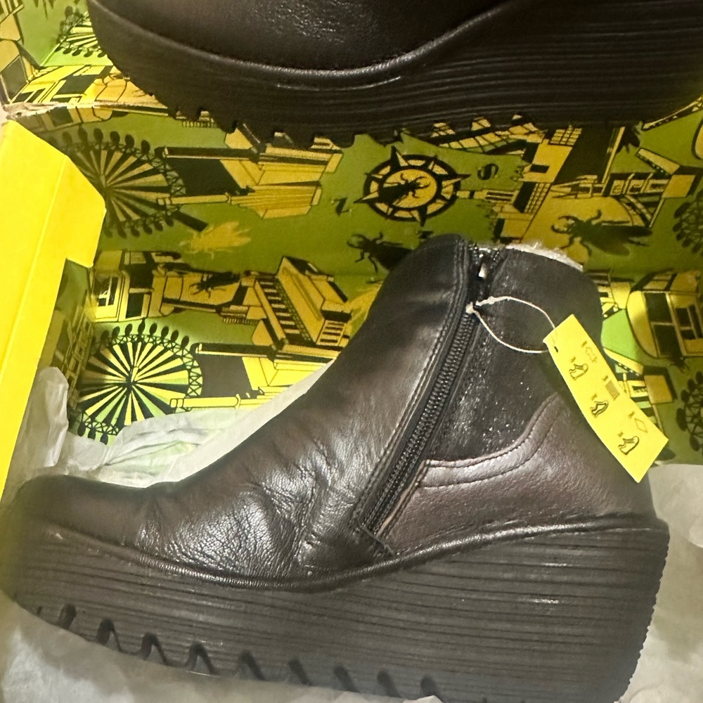 Fly London Yip Black Leather Zipped Wedge Round Toe Ankle Booties